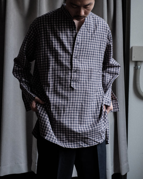 Scye/Checked Cotton Linen Grandad Collar Shirt