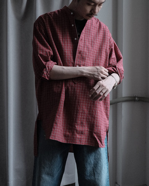 Scye/Checked Cotton Linen Grandad Collar Shirt