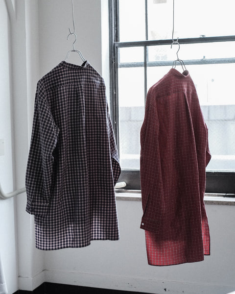 Scye/Checked Cotton Linen Grandad Collar Shirt