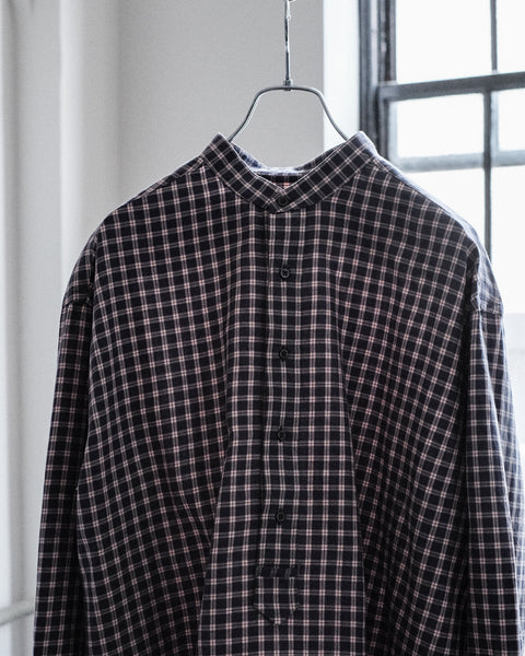 Scye/Checked Cotton Linen Grandad Collar Shirt