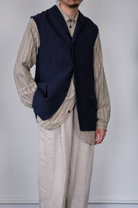 FRANK LEDER/Washed Striped Cotton Linen Shirt with Side Pockets