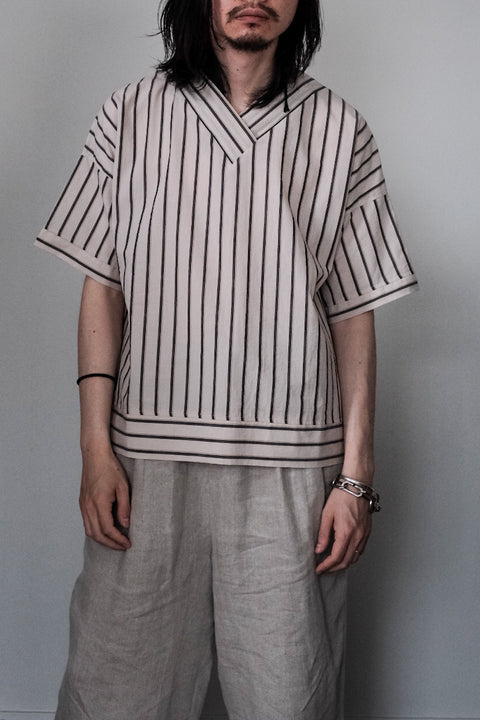 FRANK LEDER/Washed Stripe Cotton Short Sleeve Top