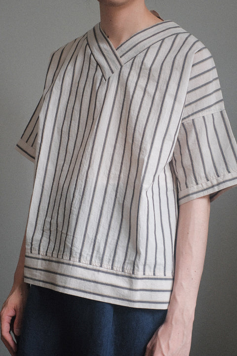 FRANK LEDER/Washed Stripe Cotton Short Sleeve Top