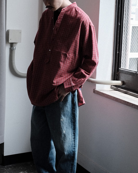 Scye/Checked Cotton Linen Grandad Collar Shirt