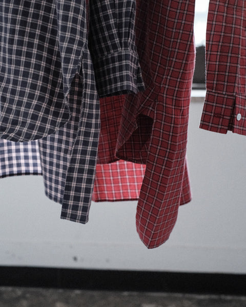 Scye/Checked Cotton Linen Grandad Collar Shirt