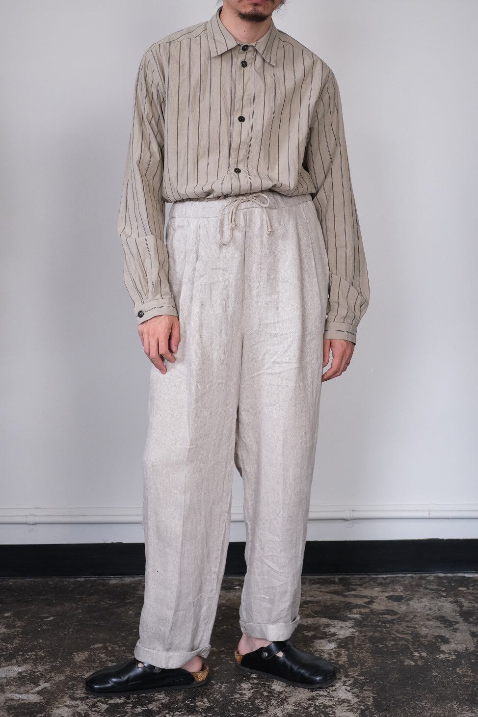 FRANK LEDER/Washed Striped Cotton Linen Shirt with Side Pockets