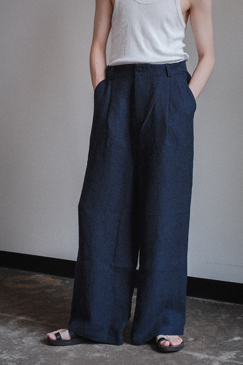 FRANK LEDER/Fabric Washed Linen 1 Tuck Wide Trousers