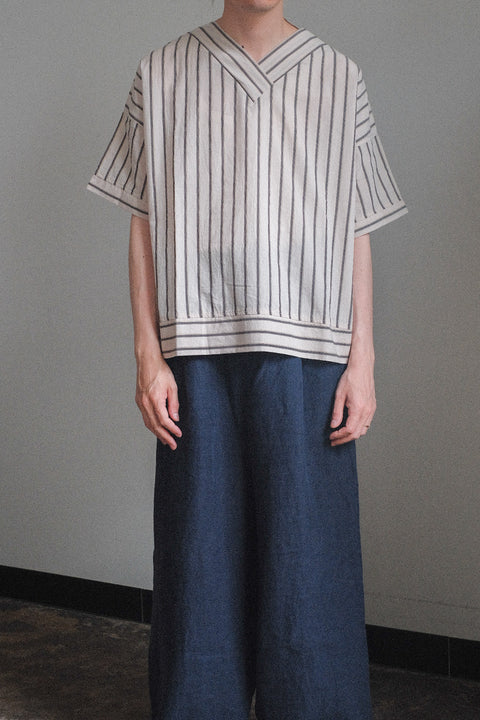 FRANK LEDER/Washed Stripe Cotton Short Sleeve Top