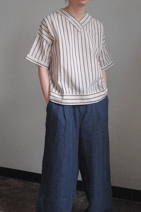 FRANK LEDER/Washed Stripe Cotton Short Sleeve Top